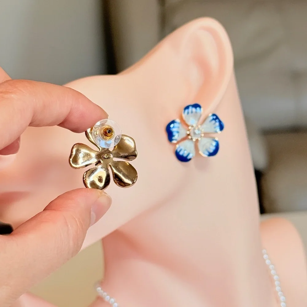 Blue Enamel Flower Stud Earrings by